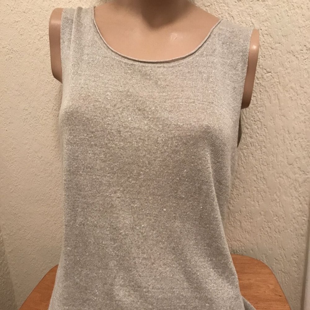 Eileen Fisher Jersey Scoop Neck Sleeveless Linen & Silk Gray Knit Top Sz PL